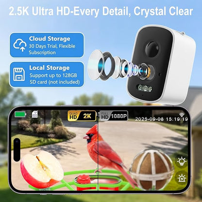 Smart Bird Feeder with Camera – 2K Live View, AI Bird Recognition, Squirrel-Proof, Dual Solar Roof, 5dB Antenna, Instant Alerts for Nature & Wildlife Lovers, Green