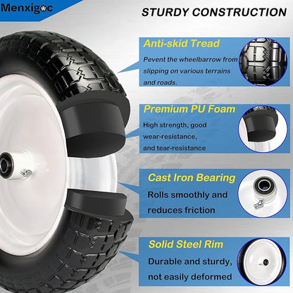 4.80/4.00-8 Solid Tire, 14.5" Flat Free Tire and Wheel, 5/8" Bore Bearing with 3/4" Extra Bearings, 3" -7" Centered Hub - Universal for 4.80-8 4.00-8 4.00-6 3.50/3.00-8 Wheels