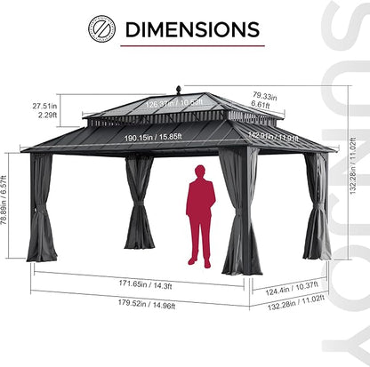 SUNJOY Kingston 16' x 12' Hardtop Gazebo with Galvanized Steel/Polycarbonate Double Roof, Curtain and Netting, Gray Aluminum Posts Permanent Pavilion Gazebo for Garden, Patio, Deck, Lawn