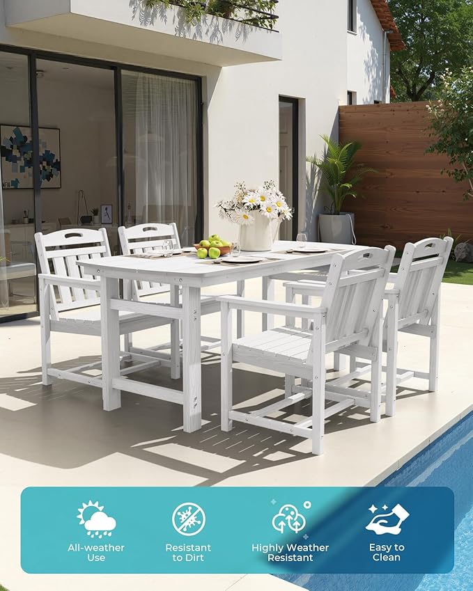 Ciokea HDPE Outdoor Dining Set 5-Piece Patio Table and Chairs with Umbrella Hole, All-Weather Patio Dining Set for 4, Durable Patio Furniture Set for Backyard, Garden, Lawn & Poolside, White