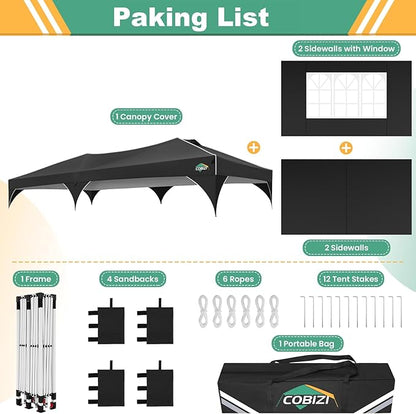 COBIZI 10x20 Pop Up Canopy Tent with 4 Sidewalls, Instant One-Push Setup, Commercial Canopy with Air Vent & Reflective Strip, UPF 50+ Waterproof Party Tent with Sandbags & Stakes for Events (Black)