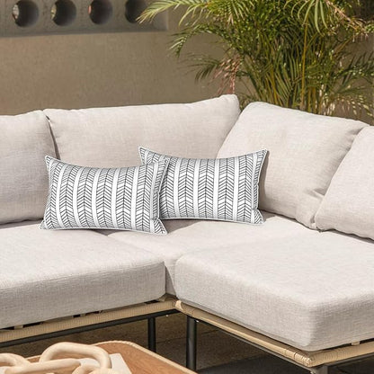 LVTXIII Set of 2 Outdoor Lumbar Pillows for Patio Furniture with White Piping, 12"x20" Fade Resistant Patio Lumbar Pillows with Inserts for Home Coach Sofa Use, Herringbone Black White