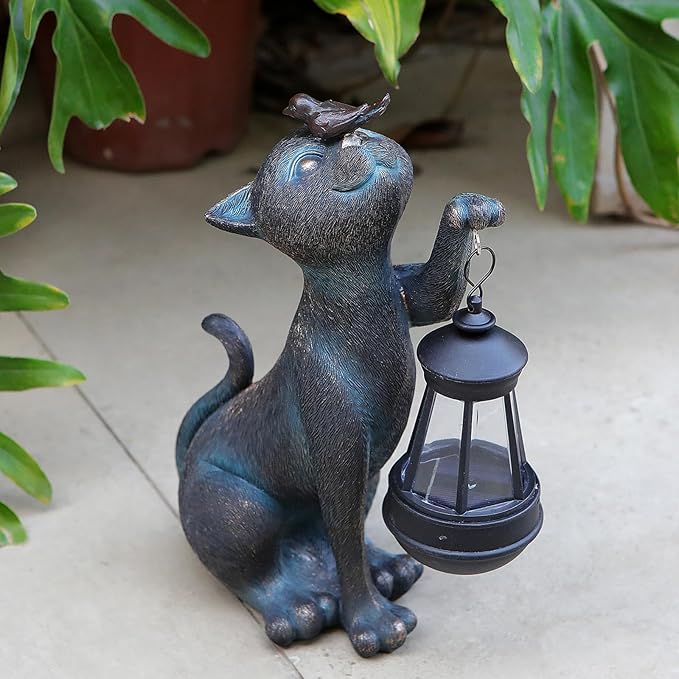 Outdoor Cat Statues Solar Garden Decor : Cat Figurine with Bird Decor,Unique Garden Art for Porch Patio Balcony Yard Lawn Ornaments - Birthday Housewarming Gifts for Grandma Mom Women