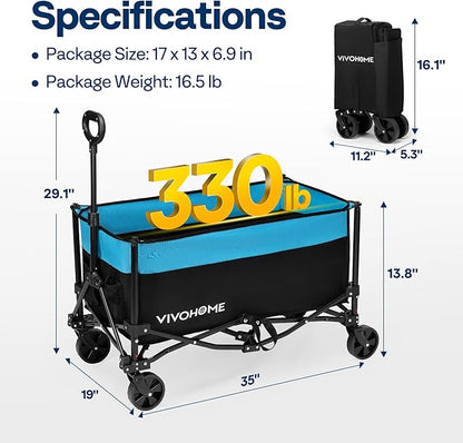 VIVOHOME Collapsible Wagon Carts, 330lbs 170L Utility Heavy Duty Foldable Wagons with Universal Wheels, Cup Holders & Side Pocket, Adjustable Handle, for Camping, Garden, Sports, Picnic, Shopping