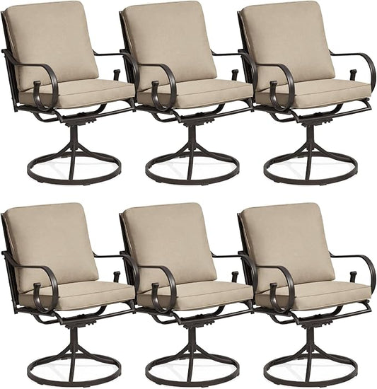 MELLCOM Patio Swivel Chair Set of 6, Heavy Duty Outdoor Dining Chairs with Thickened Cushions, Metal Patio Chairs Gentle Rocker for Outside, Garden Lawn & Porch, Backyard, Khaki