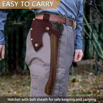 14.6" Hatchet, Camping Hatchet with Leather Sheath, Bushcraft Axe with 1065 Carbon Steel & Beech Handle, Survival Axe for Wood Splitting and Chopping - Perfect for Gardening and Outdoor