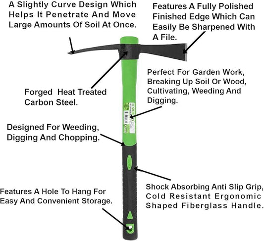 WilFiks Cutter Mattock, 15" Heavy Duty Pick Axe with Forged Heat Treated Steel Blades, Adze Hoe for Weeding, Prying and Chopping, Digging Tool with Anti-Slip Grip, Ergonomic Shock Reduction Handle
