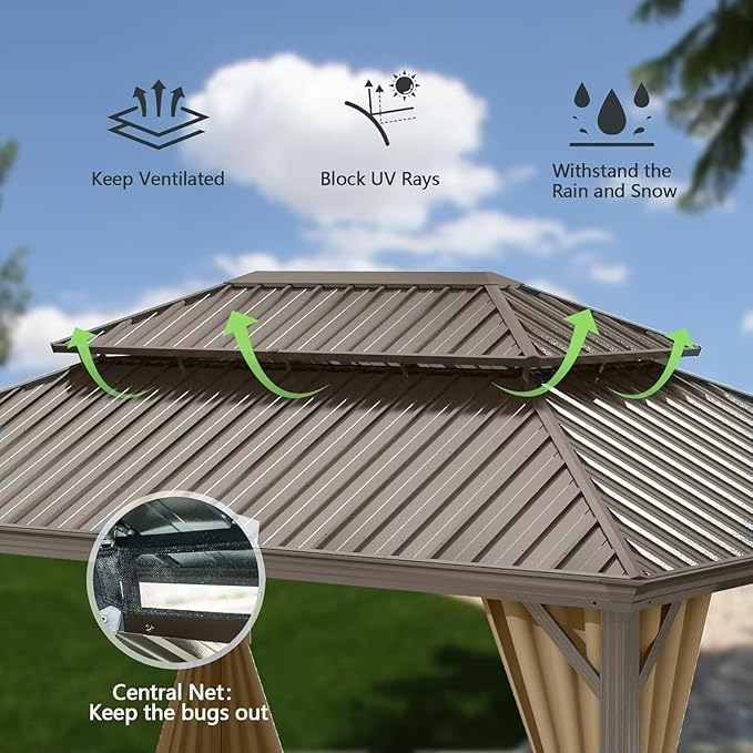 Domi 14'x22' Hardtop Gazebo Canopy,Outdoor Aluminum Gazebo with Galvanized Steel Double Roof,Large Permanent Gazebos Pavilion for Patio Deck Backyard,Curtain and Netting, Dark Brown