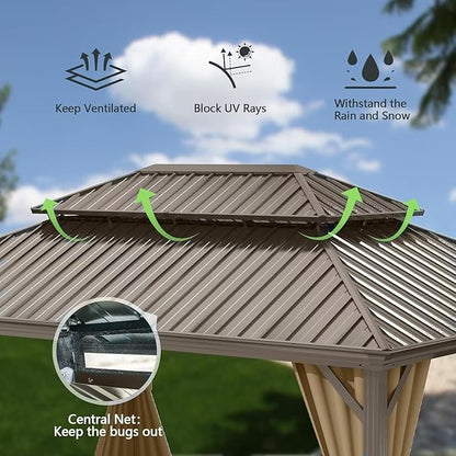Domi 14'x22' Hardtop Gazebo Canopy,Outdoor Aluminum Gazebo with Galvanized Steel Double Roof,Large Permanent Gazebos Pavilion for Patio Deck Backyard,Curtain and Netting, Dark Brown