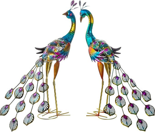 Peacock Garden Statues Metal Peacocks Sculptures for Outdoor Backyard Decor Patio Lawn Porch Yard Decoration (Pack of 2, Blue)