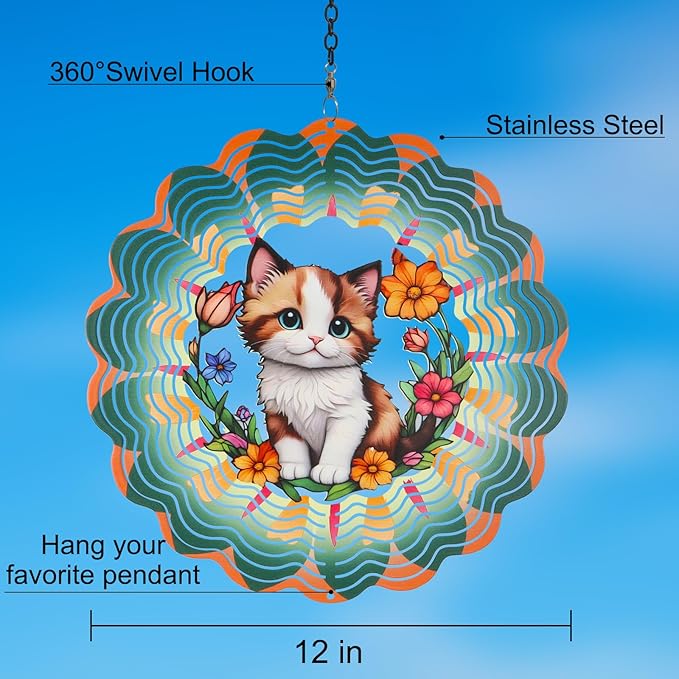 Metal Wind Spinners for Outdoor,Birthday Gifts for Women Mom Grandma, 12 Inch Cute Brown cat Wind Spinner, Kinetic Sculpture Garden Decor for Ornament Gifts