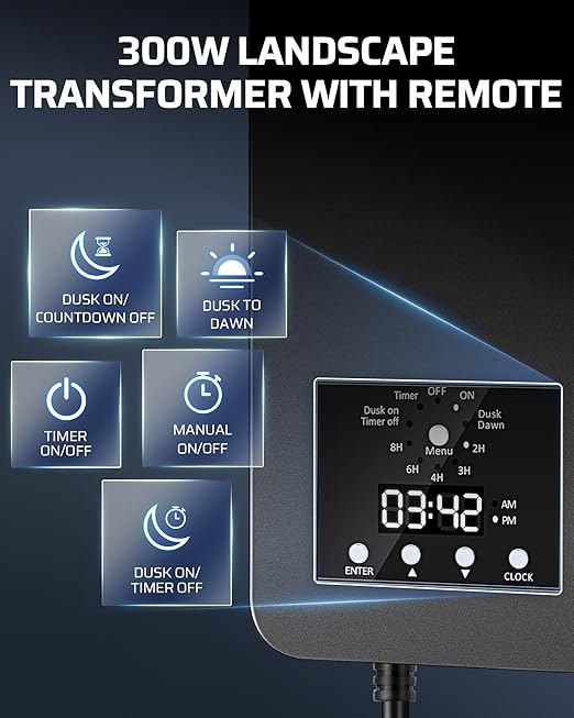 DEWENWILS 300W Low Voltage Landscape Transformer, 120V AC to 12V DC, Outdoor Landscape Lighting Transformer with Remote, Photocell Sensor & Timer, Weatherproof for Garden Spotlights Pathway Lights