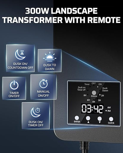 DEWENWILS 300W Low Voltage Landscape Transformer, 120V AC to 12V DC, Outdoor Landscape Lighting Transformer with Remote, Photocell Sensor & Timer, Weatherproof for Garden Spotlights Pathway Lights