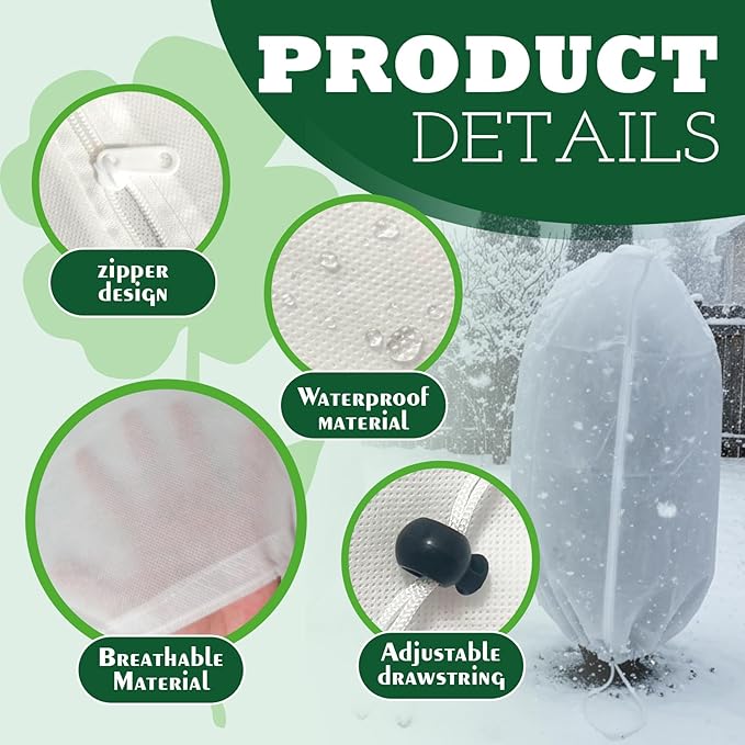 2 Packs Plant Covers Freeze Protection Frost Cloths for Outdoor Plants with Zipper Drawstring Jacket Cover Bags for Shrub Bush Tree Potted Cold Weather Garden Warm Insulation (white, 47"W x 71"H)