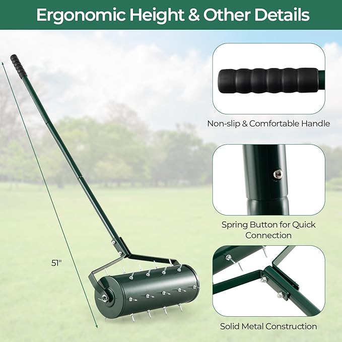 S AFSTAR 18" Manual Lawn Aerator, Heavy Duty Rolling Aerator Lawn Tool Filled Sand Stone with 51" Detachable Handle & Tine Spikes for Soil Loosening, Push Grass Aeration for Garden Yard