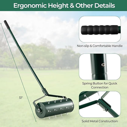 S AFSTAR 18" Manual Lawn Aerator, Heavy Duty Rolling Aerator Lawn Tool Filled Sand Stone with 51" Detachable Handle & Tine Spikes for Soil Loosening, Push Grass Aeration for Garden Yard