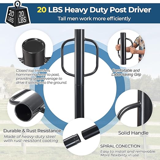 Fence Post Driver, 20LBS Fence Post Driver with Handle, 2.7 inch Inner Diameter Hand Post Pounder, Heavy Duty Driver Tool T Post Rammer for Fence Post U Channel Wooden Post Metal Post, Black