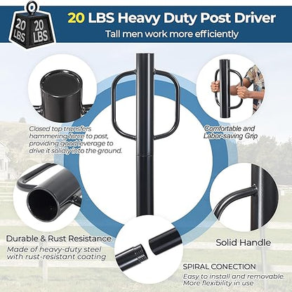 Fence Post Driver, 20LBS Fence Post Driver with Handle, 2.7 inch Inner Diameter Hand Post Pounder, Heavy Duty Driver Tool T Post Rammer for Fence Post U Channel Wooden Post Metal Post, Black