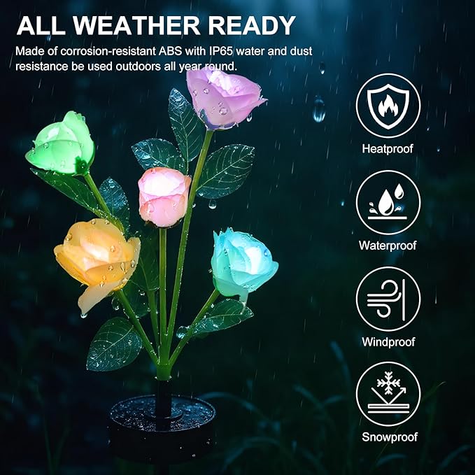 Solar Flowers Lights - Upgraded Outdoor White Rose Flowers Lights, 7-Color Changing & Waterproof Outdoor Solar Lights for Garden, Patio, Backyard,Party and Office (White Rose, 2)