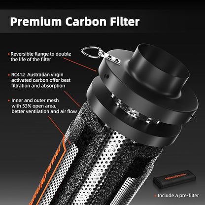 Spider Farmer Smart Air Filtration Kit 6", Inline Duct Fan, GGS Temperature Humidity Controller with WiFi App Control, Carbon Filter Combo, 25Ft Ducting, Ventilation System for Grow Tent, Hydroponics
