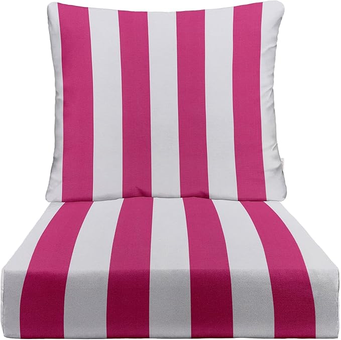 RSH DECOR Deep Seating Cushion with Pillow Back | 23.5” x 25” x 5" Seat | Water and Fade-Resistant Spun Fabric | Made in USA | Outdoor Chair Cushion Set for Patio Furniture (Pink & White Stripe)