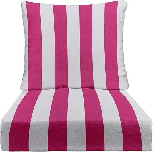 RSH DECOR Deep Seating Cushion with Pillow Back | 23.5” x 25” x 5" Seat | Water and Fade-Resistant Spun Fabric | Made in USA | Outdoor Chair Cushion Set for Patio Furniture (Pink & White Stripe)