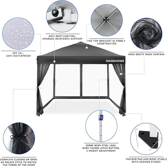 OASISHOME 10'x10' Pop-Up Gazebo Canopy Tent with Netting Sidewalls & Wheeled Bag,Weight Bag, Stakes, Ropes, Waterproof, UV Protection, Heavy-Duty Steel Frame for Backyard/Outdoor/Parties(Black)