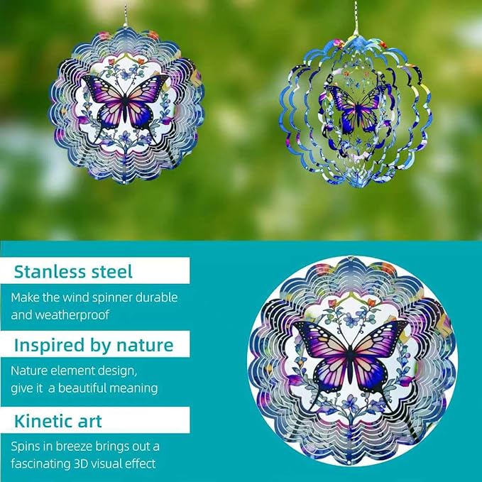 Metal Wind Spinners Outdoor Hanging Wind Spinner for Yard and Garden Decor for Outside-12In 3D Stainless Steel Butterfly Wind Chime Gifts for Women Mom