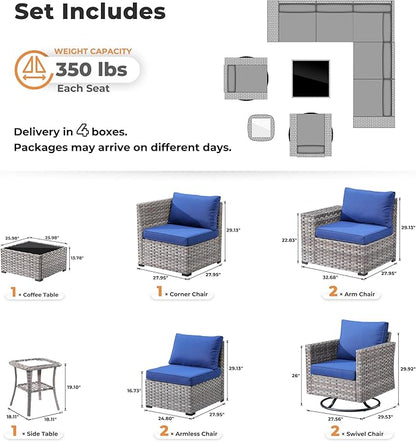 ovios 9 Pieces Patio Furniture Set, Outdoor Wicker Sectional Sofa with 2 Swivel Chairs Coffee Table, Modern Modular Deep Seat Rattan Couch Conversation Sets, Navy Blue
