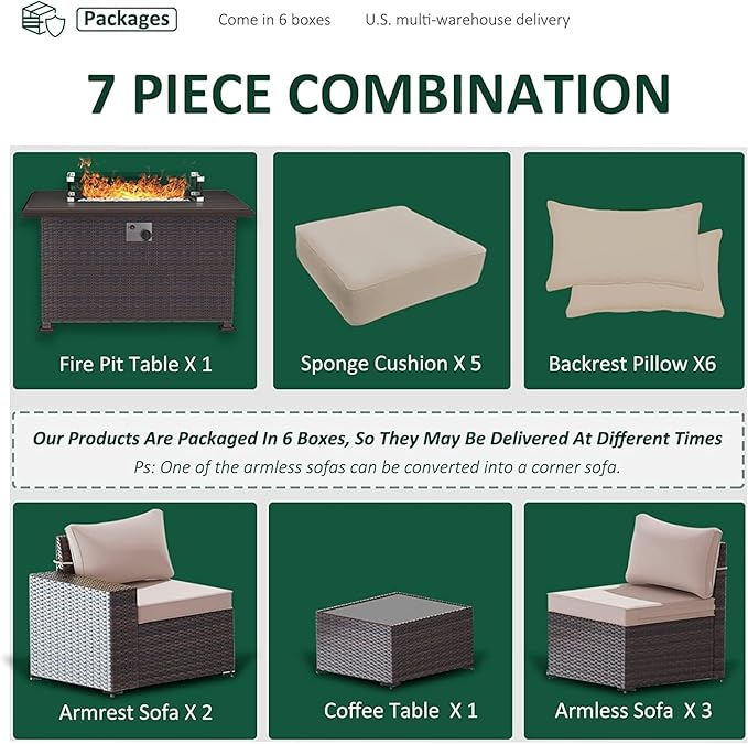 Outdoor Patio Furniture Set with Propane Fire Pit Table, 7 PCS Outdoor Furniture Patio Sectional Sofas Conversation Sets w/ETL Approved 43" Gas Outdoor Fire Table & Coffee Table Brown.