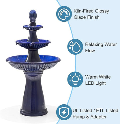 Glitzhome Outdoor Fountain and Waterfalls 3 Tier Patio Fountains, 45.25" H Ceramic Water Fountain with Pump & LED Light Garden Outdoor Floor Stand Fountains for Backyard Deck Lawn Porch, Cobalt Blue