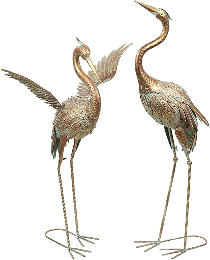 TERESA'S COLLECTIONS Garden Decor, Set of 2 Cranes Garden Decor, 33-39", Elegant Cranes with Golden Painting, Waterproof Metal Garden Statue, Herons Gifts Birthday Gifts for Women Mom