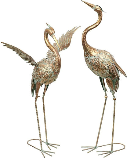 TERESA'S COLLECTIONS Garden Decor, Set of 2 Cranes Garden Decor, 33-39", Elegant Cranes with Golden Painting, Waterproof Metal Garden Statue, Herons Gifts Birthday Gifts for Women Mom