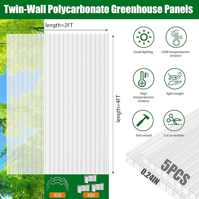 Polycarbonate Greenhouse Panels 5 Pack 4' x 2' x 0.24" Twin-Wall UV-Protected All Weather Plastic Roof Panel Clear Replacement Sheets for Garden Fences, Furniture DIY,Outdoor Roofing