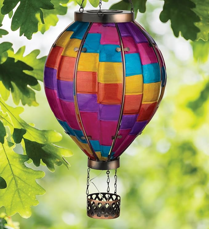 Regal Art & Gift Hot Air Balloon Solar Lantern – Hanging Solar-Powered LED Lights, Waterproof Portable Decorative Outdoor Lamp Made of Metal & Glass for Garden, Patios & Pathway – Stripe(X-Large)