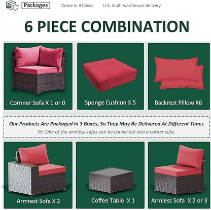Outdoor Patio Furniture Set, 6 Pcs Outdoor Furniture All Weather Patio Sectional Sofas PE Wicker Modular Conversation Set with Coffee Table,5 Chairs & Seat Clips Red