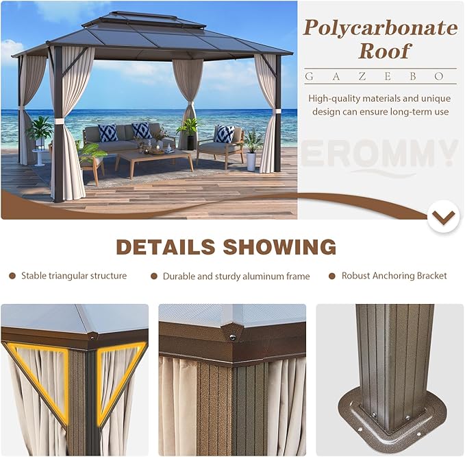 EROMMY 10' x 13' Gazebo Polycarbonate Double Roof Canopy Outdoor Aluminum Frame Pergola, Permanent Pavilion with Netting and Curtains for Garden Patio Lawns Parties