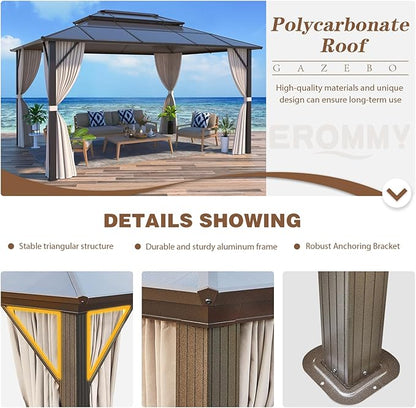 EROMMY 10' x 13' Gazebo Polycarbonate Double Roof Canopy Outdoor Aluminum Frame Pergola, Permanent Pavilion with Netting and Curtains for Garden Patio Lawns Parties