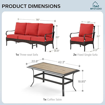 MFSTUDIO 4 Pieces Outdoor Patio Furniture Set, Metal Outdoor Conversation Set, Rattan Wicker Patio Sectional Sofa Set with 2 x Fixed Single Sofa, 3-Seat Sofa, 1 x Coffee Table, Red