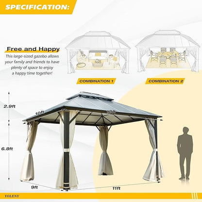 YOLENY 10'x12' Hardtop Gazebo, Outdoor Double Roof Aluminum Composite Gazebos with Curtains and Netting for Patio, Lawn, and Garden
