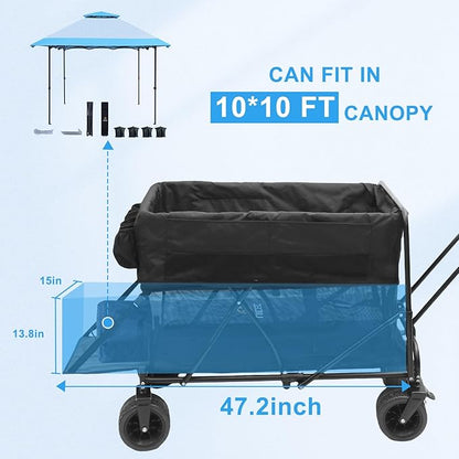 Nice C Push Wagon, Double Decker Wagon, Folding Wagon, Wagons Carts Foldable, Collapsible Wagons, 400L Capacity, Foldable, 47'' Extendable, 4" Wide All Terrain Wheels