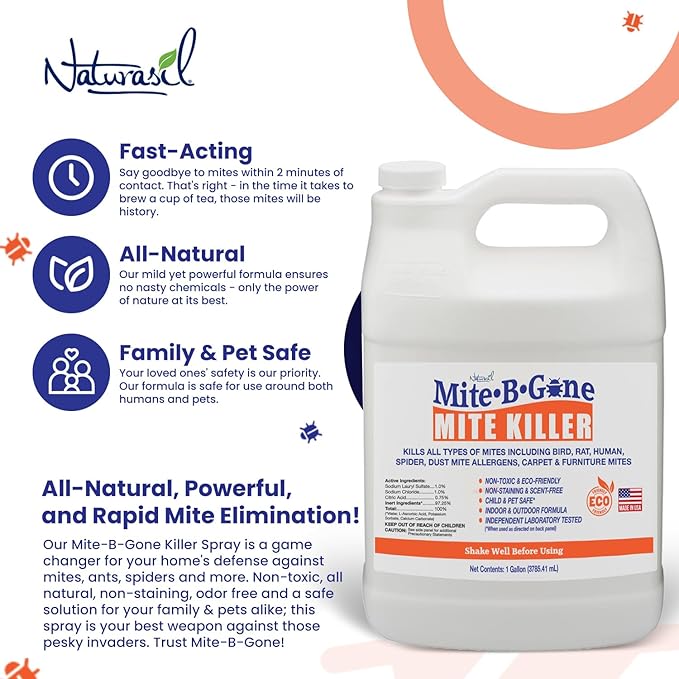Mite Killer Treatment Spray for Home by Mite-B-Gone - Kills All Types of Mites, Dust, Spider, Rat, Carpet & Bird Mites | Safe for Homes, Furniture & Animals | Non-Toxic | Kid & Pet Friendly | 1 Gal