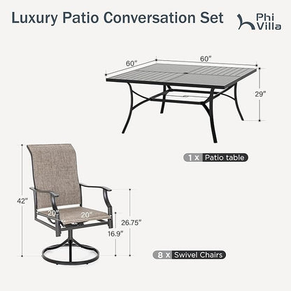 PHI VILLA 9 Pcs Patio Dining Set with Large Square Metal Dining Table & 8 High Back Padded Outdoor Swivel Dining Chairs, Outside Table Chair Furniture Dining Set for 8 Person