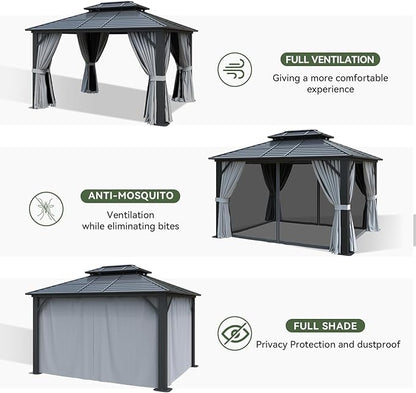 Aoxun 10'x 12' Hardtop Gazebo, Outdoor Dual-Layer Galvanized Steel Double Roof Aluminum Furniture Gazebo Canopy with Netting and Curtains for Deck Backyard Wedding Garden