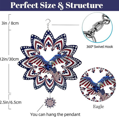 Eagle Wind Spinners for Yard and Garden,Wind Spinner Hanging,3D Metal Wind Catchers,12in American Flag Kinetic Spinner,Fourth of July Independence Day Party Decorations for Indoor Outdoor(Round)