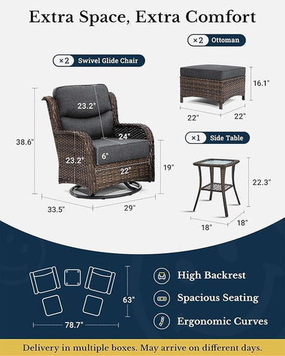 HILLGA Luxury Patio Furniture Set with 6-Inch Thick Cushions, High Back Outdoor Swivel Rocker Chairs and Ottoman, 5-Piece All Weather Conversation Set for Porch Deck Balcony Yard, Dark Grey (V3)
