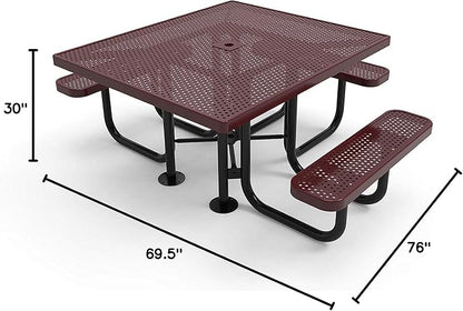 COATEDOUTDOORFURNITURE Heavy-Duty Portable ADA-Compliant Outdoor Picnic Table with Umbrella Hole, Punched Steel Patio Dining Furniture Made in America (46" Square Top, Burgundy)