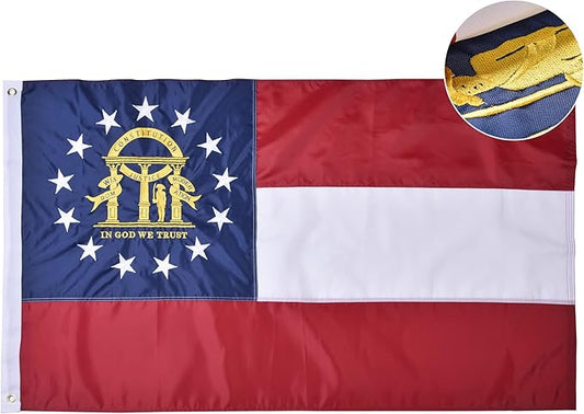 Georgia State Flag 5x8 Ft Deluxe Full Embroidered Premium Polyester Durable GA Outside Flag with Sewn Stripes and Brass Grommets for Indoor/Outdoor