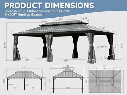 Domi 14'x20' Hardtop Gazebo Canopy,Outdoor Aluminum Gazebo with Galvanized Steel Double Roof,Large Permanent Gazebo Pavilion for Patio Deck Backyard,Curtain and Netting,Grey
