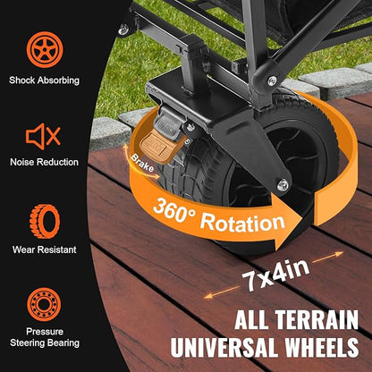 VEVOR 350lbs Collapsible Foldable Wagon Cart, Heavy Duty Foldable Utility Beach Wagon with Big Wheels, Portable Grocery Camping Cart with All Terrain Wheels and Drink Holder